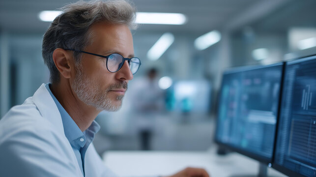 Medical professional analyzing data defocused modern research, faceless focused work, digital screens visualization detail, blurred facility background, medical concept, analysis i