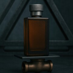 Deep amber rectangular perfume bottle with textured charcoal cap standing against dark geometric triangle backdrop, sophisticated masculine fragrance design.
