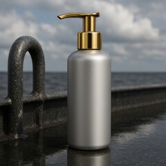 Satin silver pump bottle with brushed gold dispenser standing on wet metal railing by the sea under cloudy sky, nautical liquid soap or lotion packaging.
