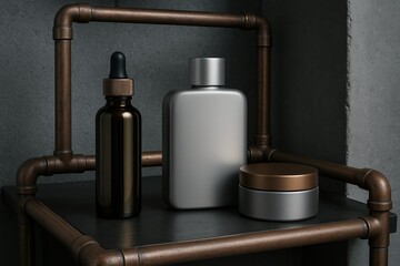Set of modern skincare bottles and cream jar on grey shelf against dark wall with copper pipes, minimal luxury bathroom cosmetics arrangement.
