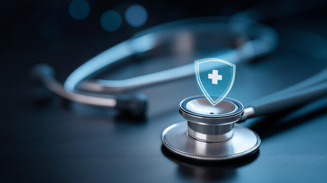 Stethoscope with medical shield on defocused dark tech, faceless cybersecurity concept, digital cross visualization detail, blurred healthcare background, data protection concept, - Powered by Adobe