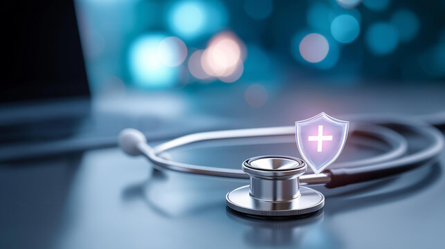 Stethoscope with medical shield on defocused dark tech, faceless cybersecurity concept, digital cross visualization detail, blurred healthcare background, data protection concept,