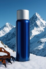 Metallic blue insulated bottle standing in snowy alpine landscape with orange climbing crampons in front, travel thermos for cold weather outdoor adventures.
