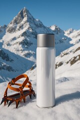 Slim silver thermos bottle standing in snow with orange crampons nearby and snowy mountain peaks in the background, concept of winter hiking and hot drink on the trail.
