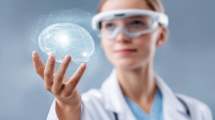 Futuristic medical research scientist analyzing defocused digital brain, faceless VR goggles, hologram visualization detail, blurred neuroscience background, technology concept, re