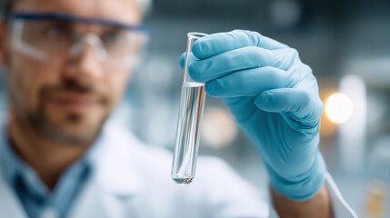 Scientist examining test tube in defocused modern laboratory, faceless research work, experimental visualization detail, blurred setting background, scientific concept, lab interfa