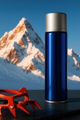 Blue metal bottle standing in front of sunlit snowy mountain peak, travel thermos or sports water bottle in alpine adventure setting.
