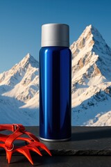 Tall metallic blue spray bottle standing in front of snowy mountain peaks, concept of fresh alpine fragrance and men grooming product.
