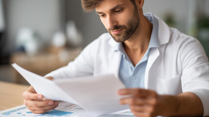 Doctor studies financial documents man defocused in white coat, faceless data analysis, graphs visualization detail, blurred office background, business concept, research interface