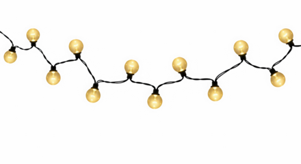 Soft glowing warm yellow string lights creating a festive curved arch against a deep black background