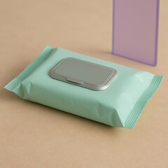 Mint green pack of wet wipes with plastic lid on beige background, minimalist hygiene and skincare product still life.
