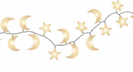 Softly glowing crescent moons and stars create a magical celestial pattern against a dark night sky