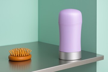 Lavender cosmetic tube with silver cap standing on mint green surface next to wooden body brush, modern bathroom still life of skincare and shower products.

