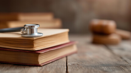 Books with stethoscope and gavel defocused medical law, faceless healthcare ethics, legal visualization detail, blurred background setting, medical concept, law interface, ethics d