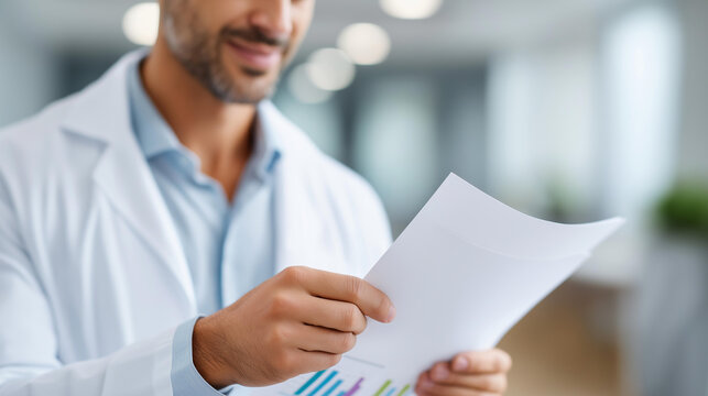 Doctor studies financial documents man defocused in white coat, faceless data analysis, graphs visualization detail, blurred office background, business concept, research interface