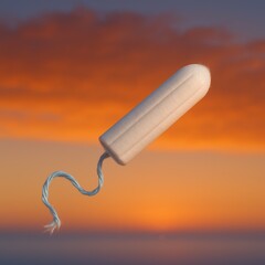White tampon with string floating on orange sunset sky background, conceptual image of discreet feminine hygiene and safe period protection.
