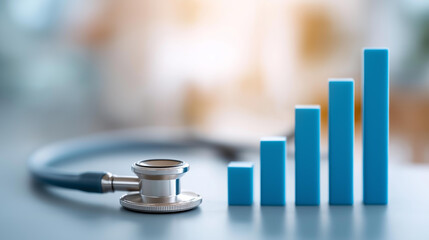 Stethoscope on rising bar charts defocused strategic healthcare, faceless finance analysis, medical visualization detail, blurred growth background, metrics concept, healthcare int
