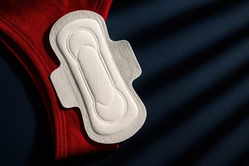 White sanitary pad with wings placed on dramatic red fabric against a dark background, representing strong night protection and reliable feminine care.