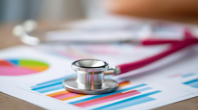 Stethoscope on graphs charts showing defocused healthcare data, faceless medical research, statistics visualization detail, blurred analysis background, public health concept, prev