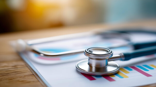 Stethoscope on graphs charts showing defocused healthcare data, faceless medical research, statistics visualization detail, blurred analysis background, public health concept, prev