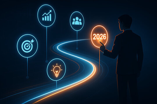 businessman silhouette on dark futuristic background points at bright glowing 2026 circle representing business goal strategy growth and team collaboration for successful achievement concept