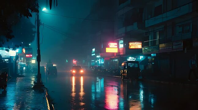 Cinematic rainy night street scene with neon lights reflecting on wet asphalt and foggy urban atmosphere