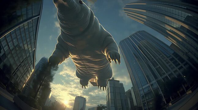 Surreal 3D Animation of a Giant Tardigrade Floating Over a Modern City Skyline at Sunset