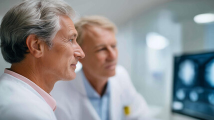 Two doctors review patient scans defocused large monitor, faceless medical facility, xray visualization detail, blurred wall background, disease analysis concept, diagnostic interf