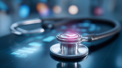 Modern stethoscope on futuristic interface defocused digital readouts, faceless health diagnostic, illuminated visualization detail, blurred circuit background, medical concept, te