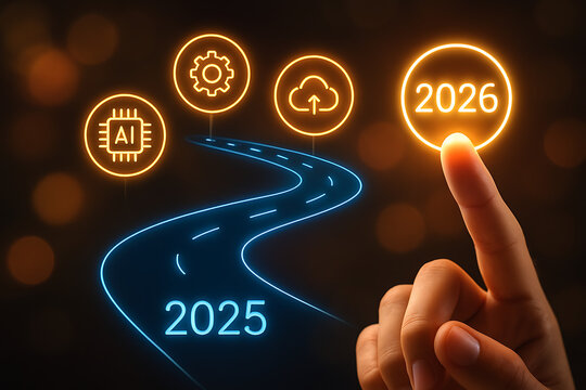 hand pointing to bright glowing 2026 milestone on a digital futuristic road with icons for artificial intelligence, machine learning, cloud computing, and process automation technology