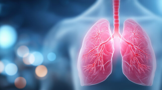 Vibrant lungs with intricate blood defocused vessels captivating, faceless human anatomy, medical visualization detail, blurred research background, healthcare concept, marketing i