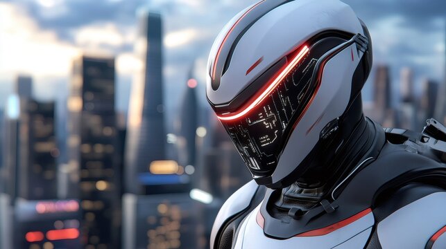 Futuristic mecha pilot with advance vision helmet wearing sleek armored suit in cityscape