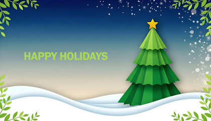Festive paper-cut Christmas tree with snowy landscape and decorative winter elements, wide holiday background