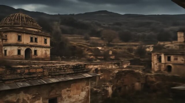 Abandoned multistory building in a desolate landscape under a cloudy sky