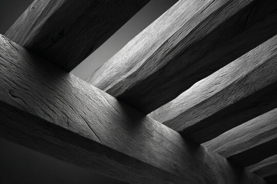 Wooden beams forming abstract structural architecture with light and shadow