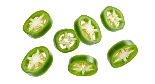 Fresh vibrant green jalape&ntilde;o pepper slices isolated, flavorful spicy vegetable ingredient.
