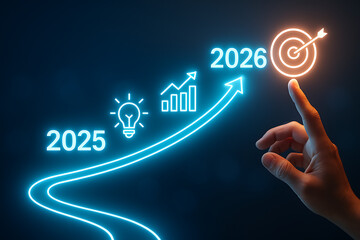 Human hand points to the big target of 2026 showing business plan progress from new ideas to successful financial achievement on dark screen