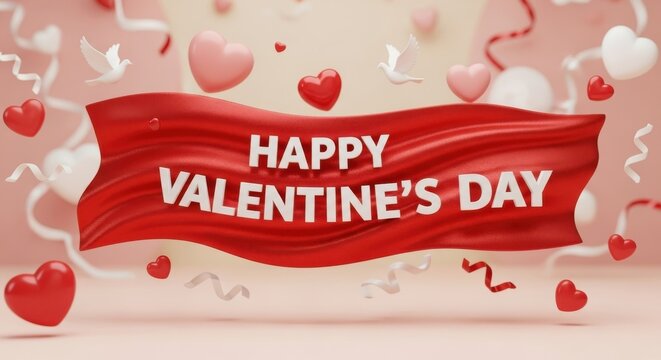 Floating hearts and ribbons for a happy valentine's day greeting creating love message