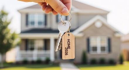 Home 2026 Real Estate Concept Hand Holding Keys Blurred House Background