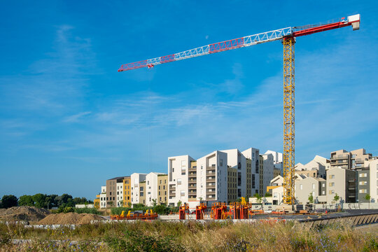 Urban construction blending architecture and housing progress while cranes transform the Montpellier France building site through purposeful modern design