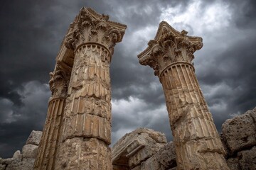 Corinthian columns and architectural fragments enduring time against a dramatic clouded sky