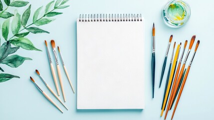A collection of art supplies including paint brushes, a jar of watercolor paints, and a blank spiral-bound sketchbook, arranged on a light blue surface with dec