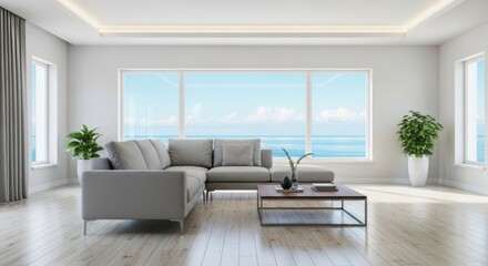 Modern coastal living room showcasing minimalist design and tranquil ocean view