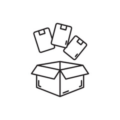 Black and white vector icon of software packages coming out of an open box for computer science and technology