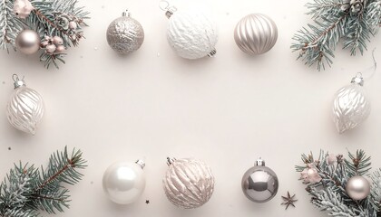 Top-down, symmetrical arrangement of ornaments and frosted pine boughs creates a festive, neutral-toned holiday frame
