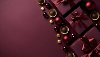Obraz premium Diagonal Flat Lay of Premium Chocolate Truffles and Maroon Wrapped Gifts
