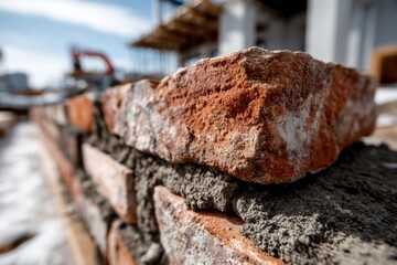 Fototapeta premium Bricks and wet cement creating a new building foundation at a construction site