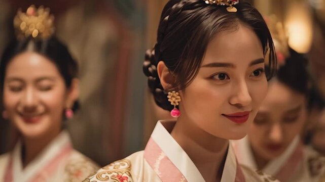 Elegant hanbok traditional dress Korean woman portrait with gold embroidery pink ribbon floral