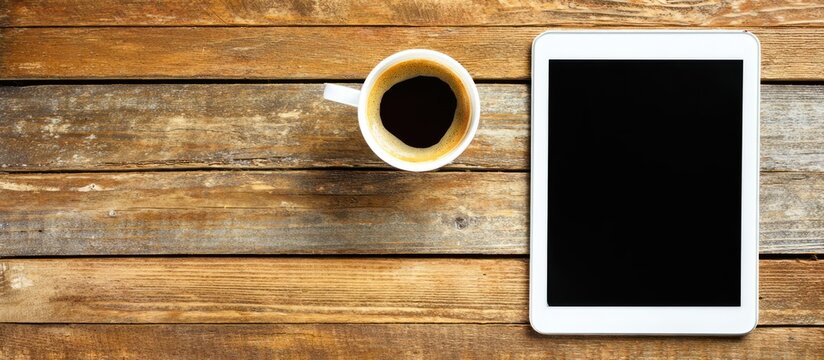 Coffee cup and tablet on wooden table. - Powered by Adobe