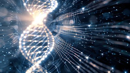 Bright glowing double helix DNA pattern, symbolizing genetics, molecular biology, innovation, and scientific discovery.